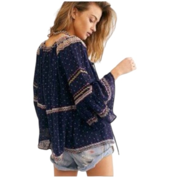 Free People Talia Embroidered Blouse Navy Size Small Boho Top Festival Flowy - Picture 8 of 13